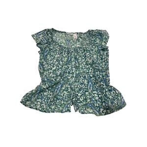 Paisley Floral Blouse Blue Green Peplum Top Lightweight Boho Cottage